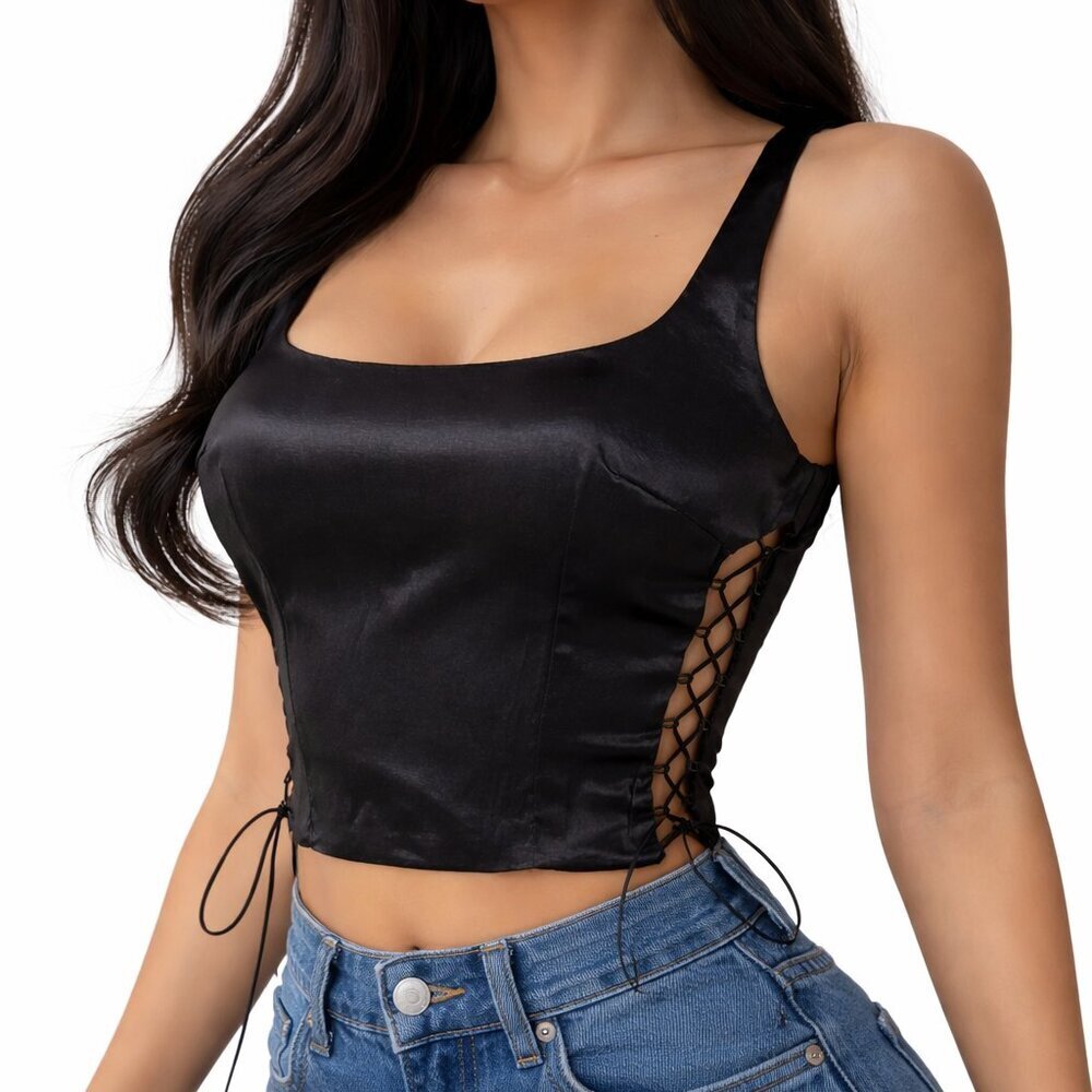 Miscreants Black Lace-Up Corset Top Side Tie Crop NWOT US 4